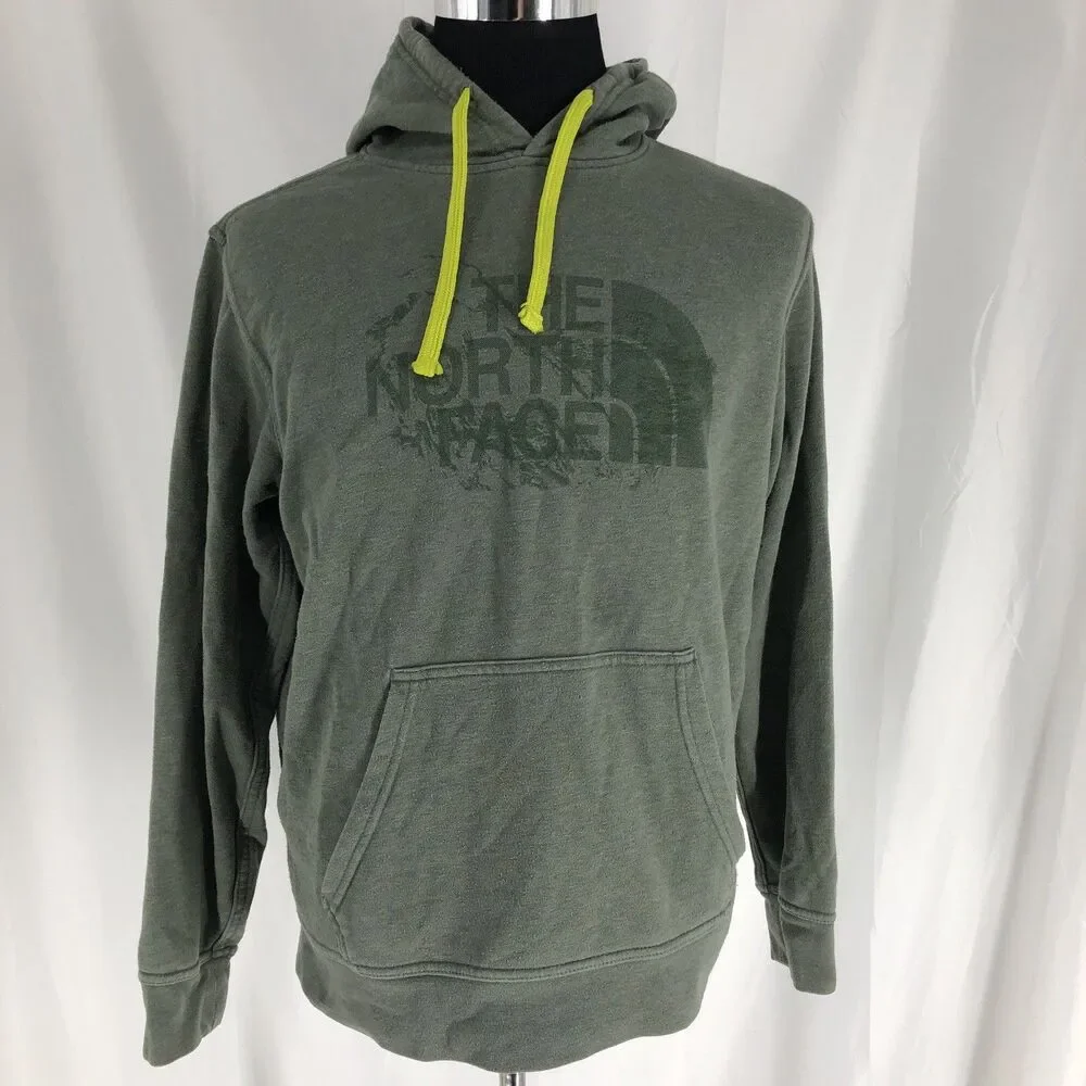 The North Face Logo Graphic Print Fleece Pullover Hoodie Green Cotton Blend M